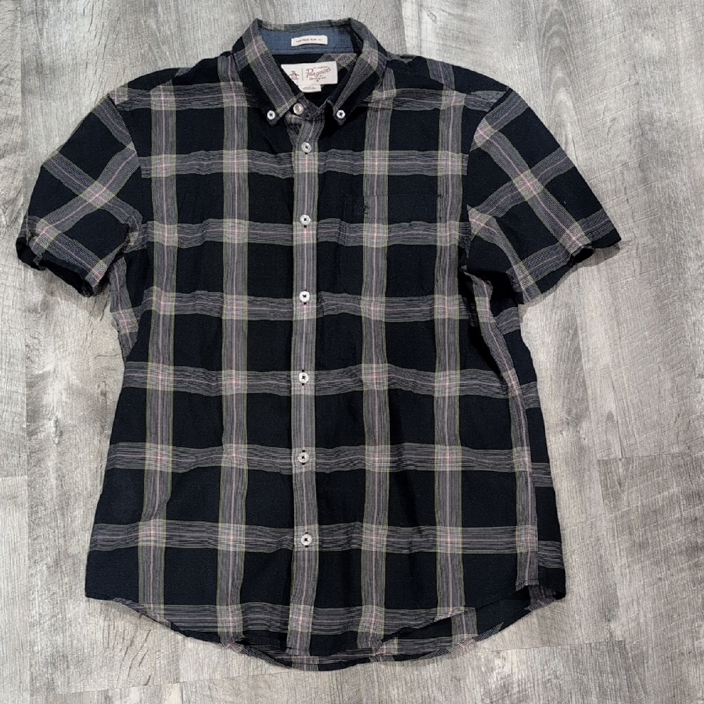Original Penguin Dark Blue Plaid Button Down Shirt Size Medium